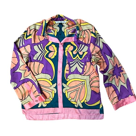 ZARA BLOGGERS FAV Printed Pocket Shirt Satin Pajama Style Colorful • 3526/781 - Picture 3 of 8